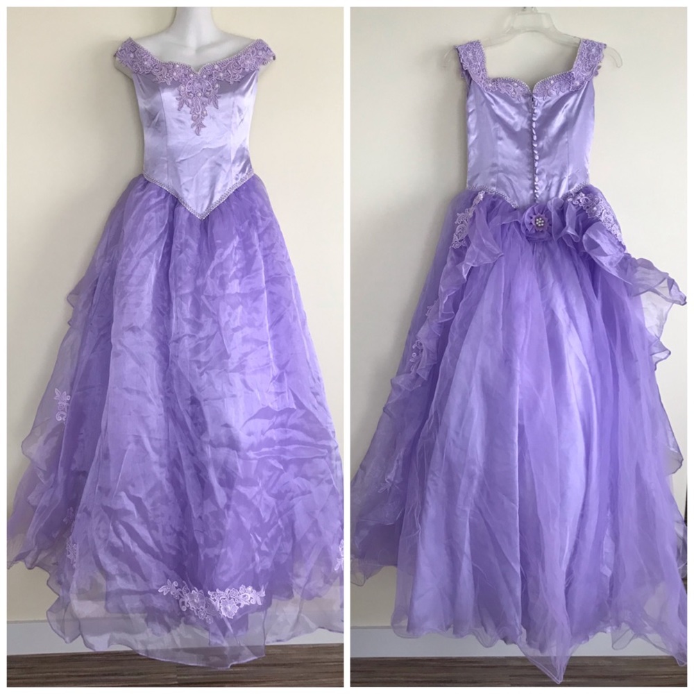Purple Satin & Tulle Beaded Rhinestone Prom Dress Princess Ballgown Cosplay